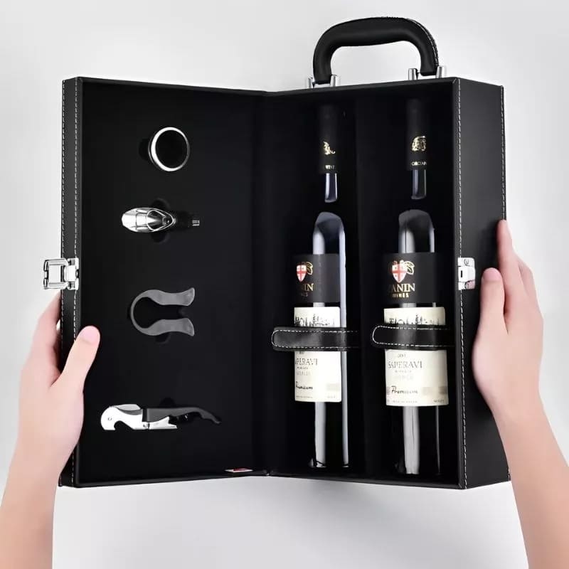 Luxus Weinset 2 Weinflaschen Lederhülle Set Geschenkverpackung